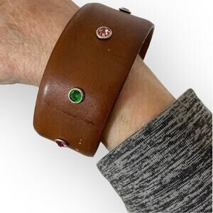 Upcycled crystal leather cuff bracelet made from glove tanned cowhide belt